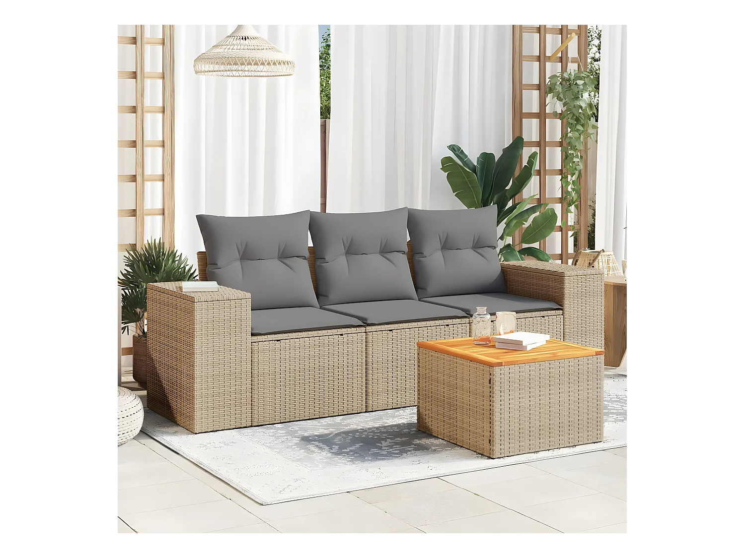 4 pcs conjunto de sofás para jardim c/ almofadões vime PE bege