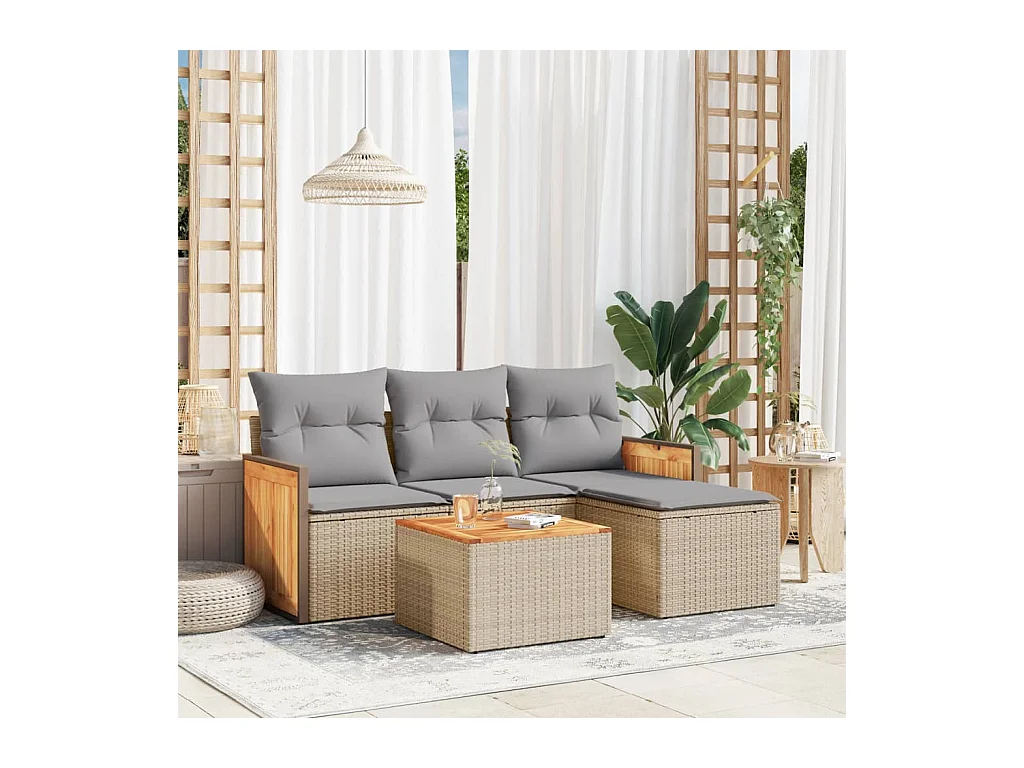 Salon de jardin avec coussins 5 pcs beige résine tressée
