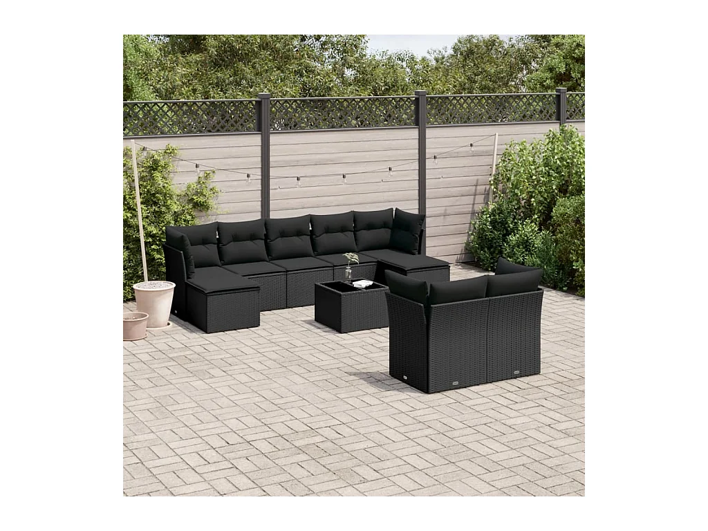 Salon de jardin 10 pcs avec coussins noir résine tressée