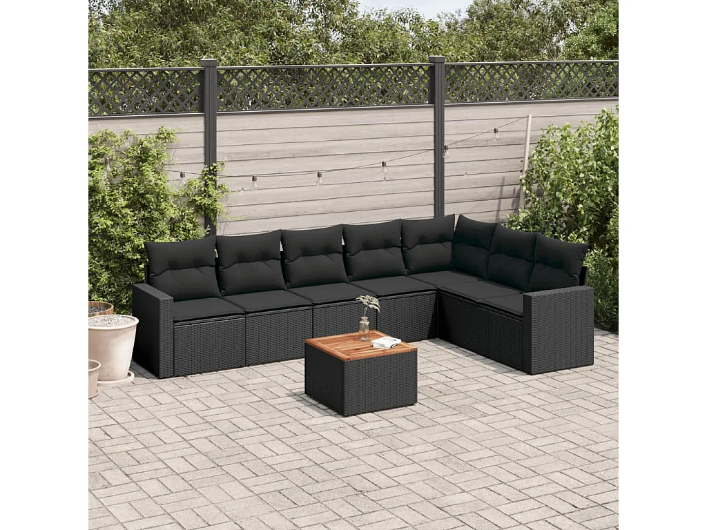 Salon de jardin 8 pcs avec coussins noir résine tressée