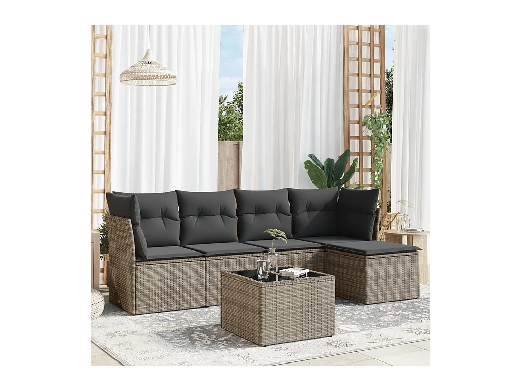 Salon de jardin 6 pcs avec coussins gris résine tressée