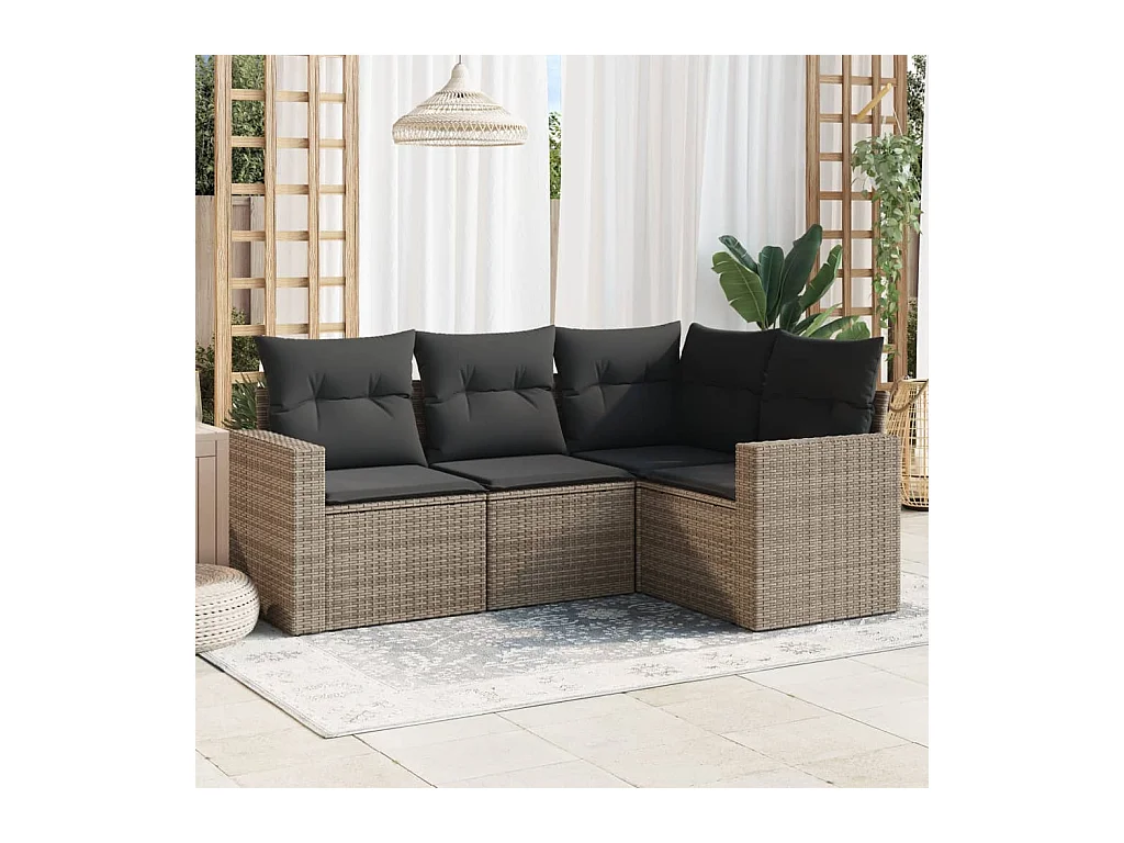 Salon de jardin 4 pcs avec coussins gris résine tressée