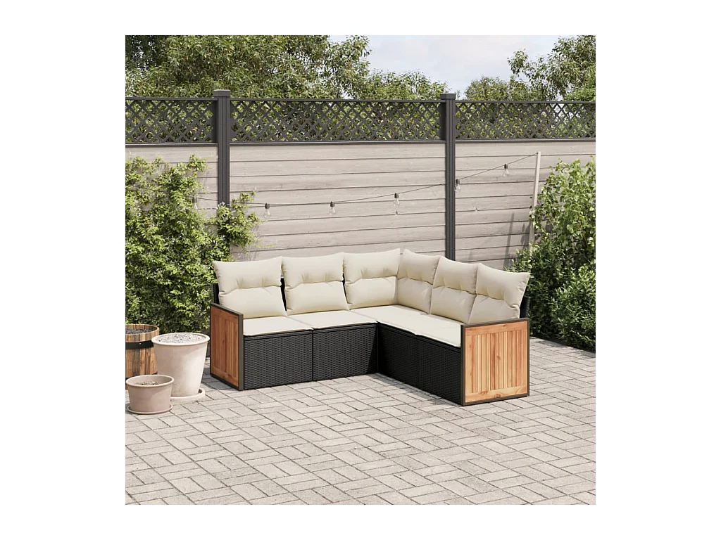 Salon de jardin 5 pcs avec coussins noir résine tressée