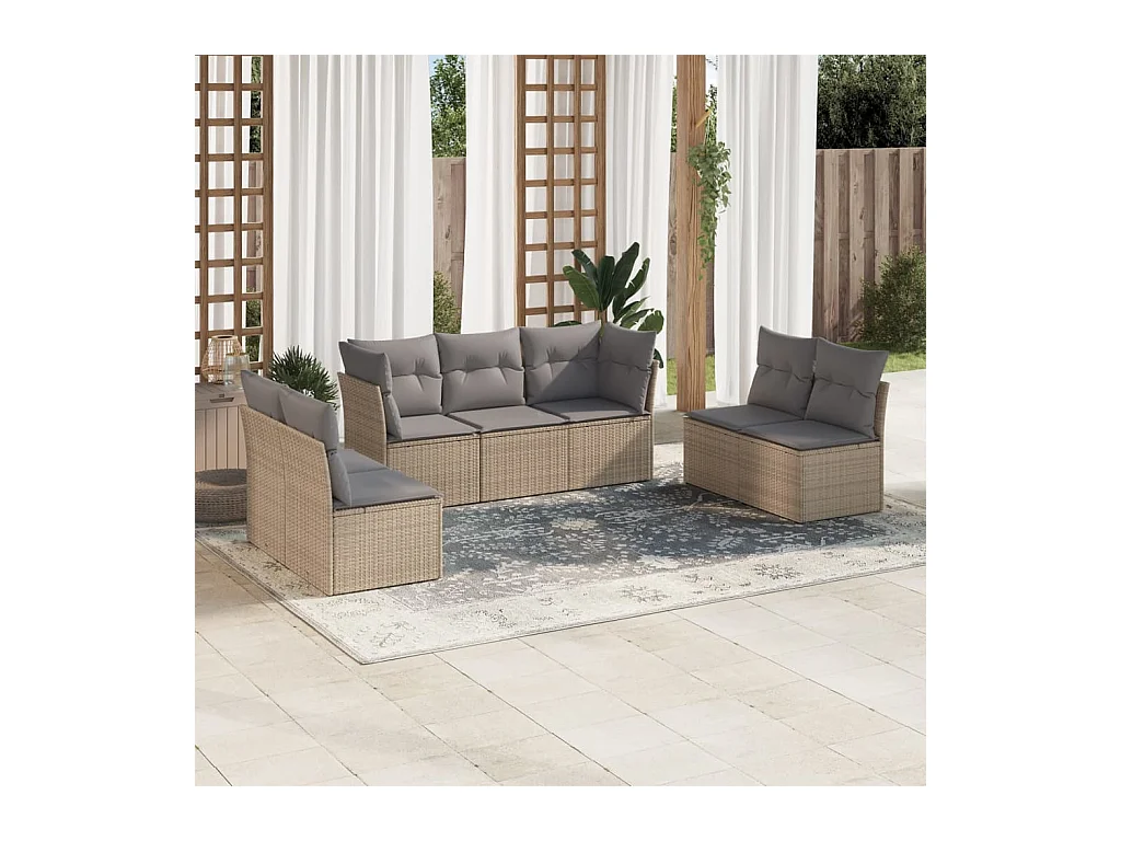 7-tlg. Garten-Sofagarnitur mit Kissen Beige Poly Rattan