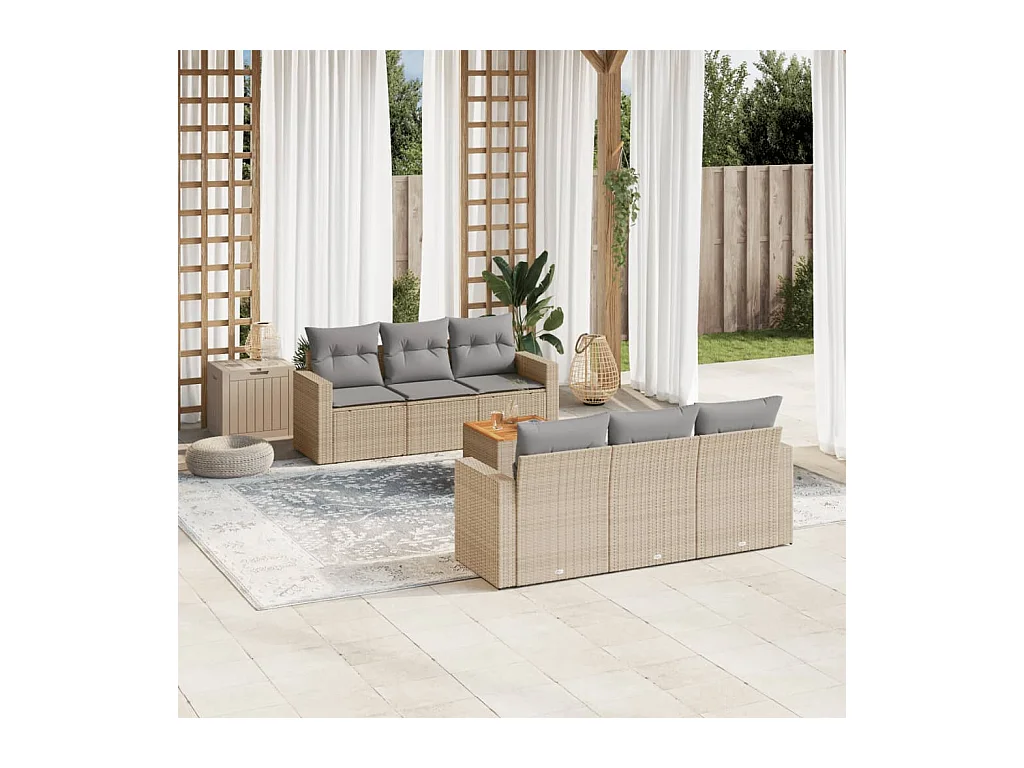 Set Divani da Giardino 7 pz con Cuscini Beige in Polyrattan