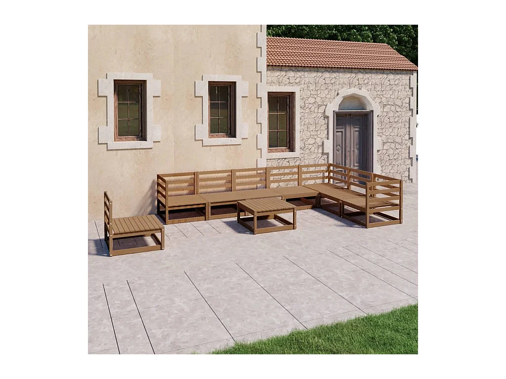 Set Divani da Giardino 9 pz Marrone Ambra Legno Massello Pino