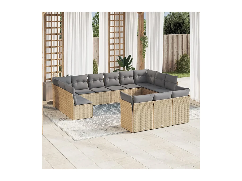 Salon de jardin avec coussins 13 pcs beige résine tressée