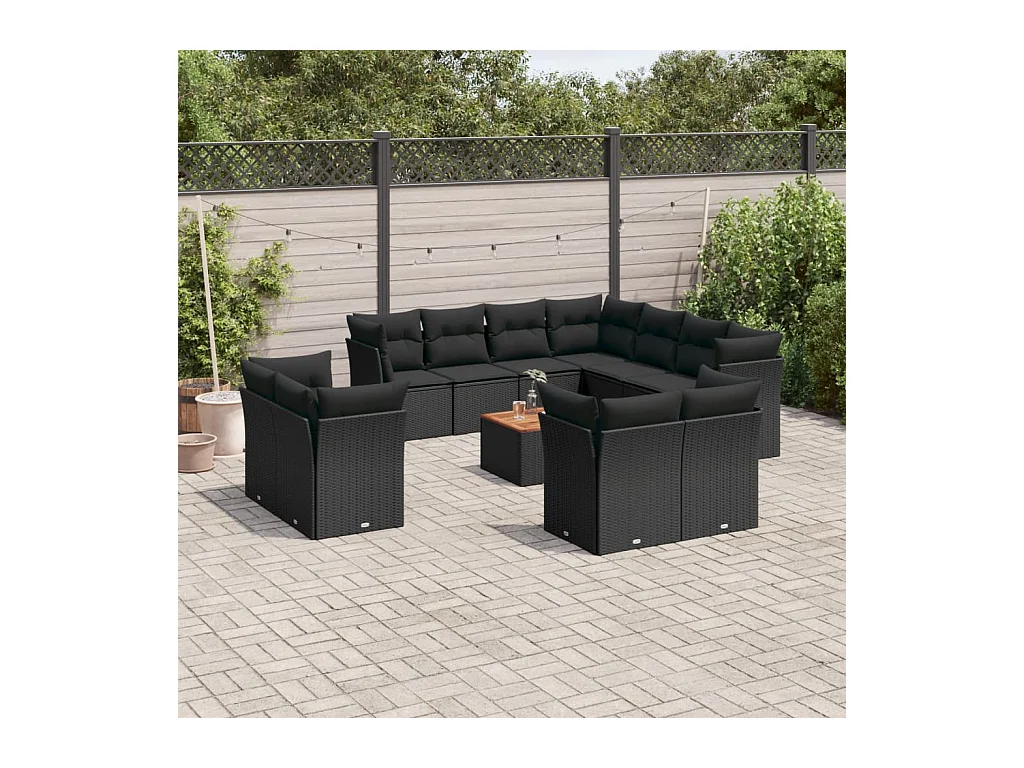 Salon de jardin 12 pcs avec coussins noir résine tressée