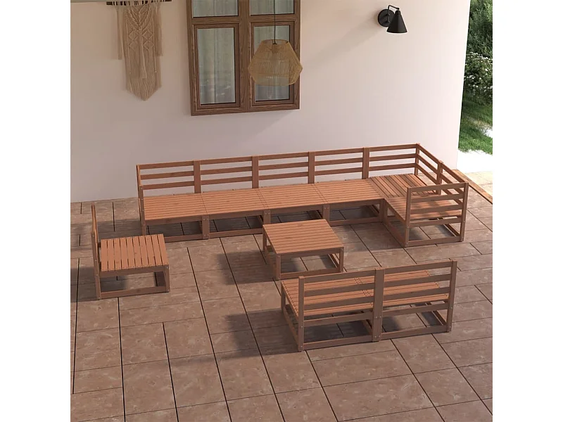 Salon de jardin 10 pcs marron miel bois de pin massif