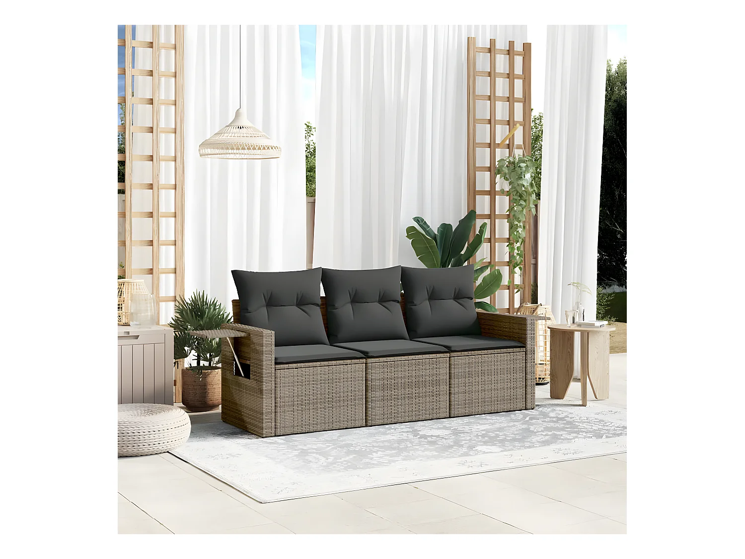 Salon de jardin avec coussins 3 pcs gris résine tressée