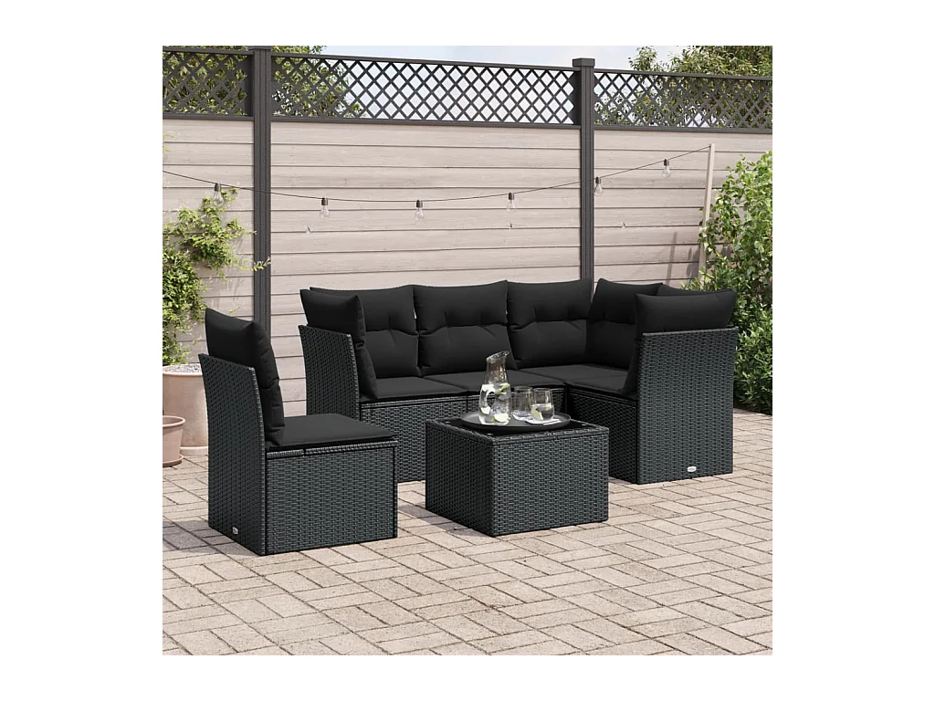 Salon de jardin 6 pcs avec coussins noir résine tressée