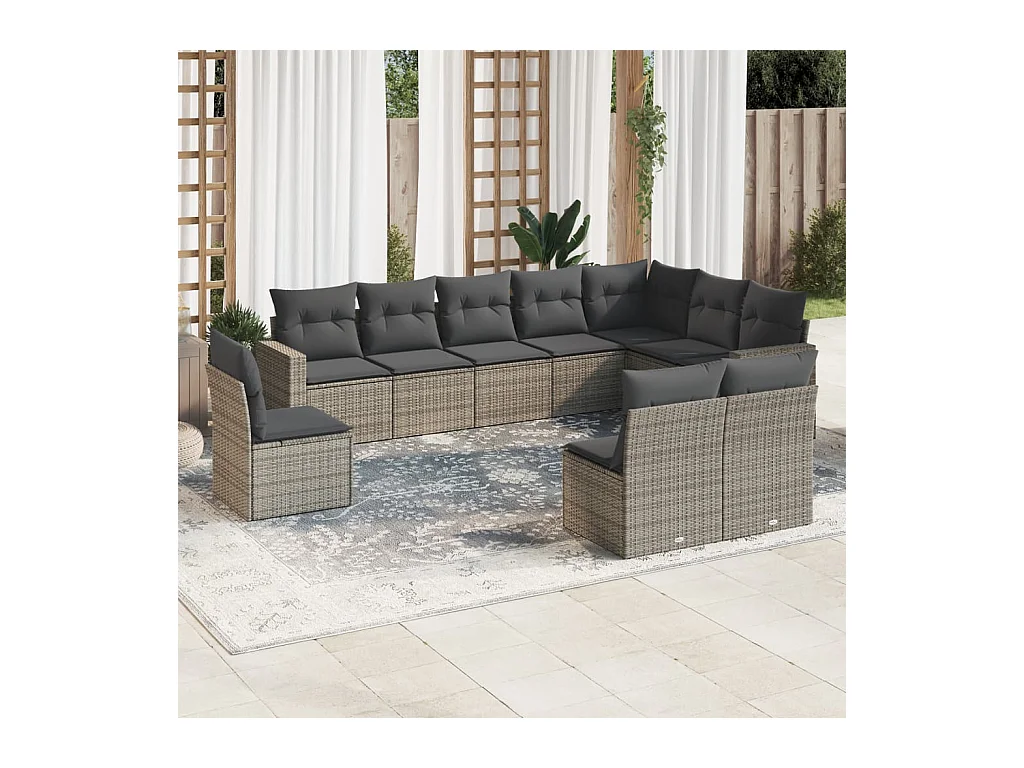 Set Divano da Giardino 10 pz con Cuscini Grigio in Polyrattan