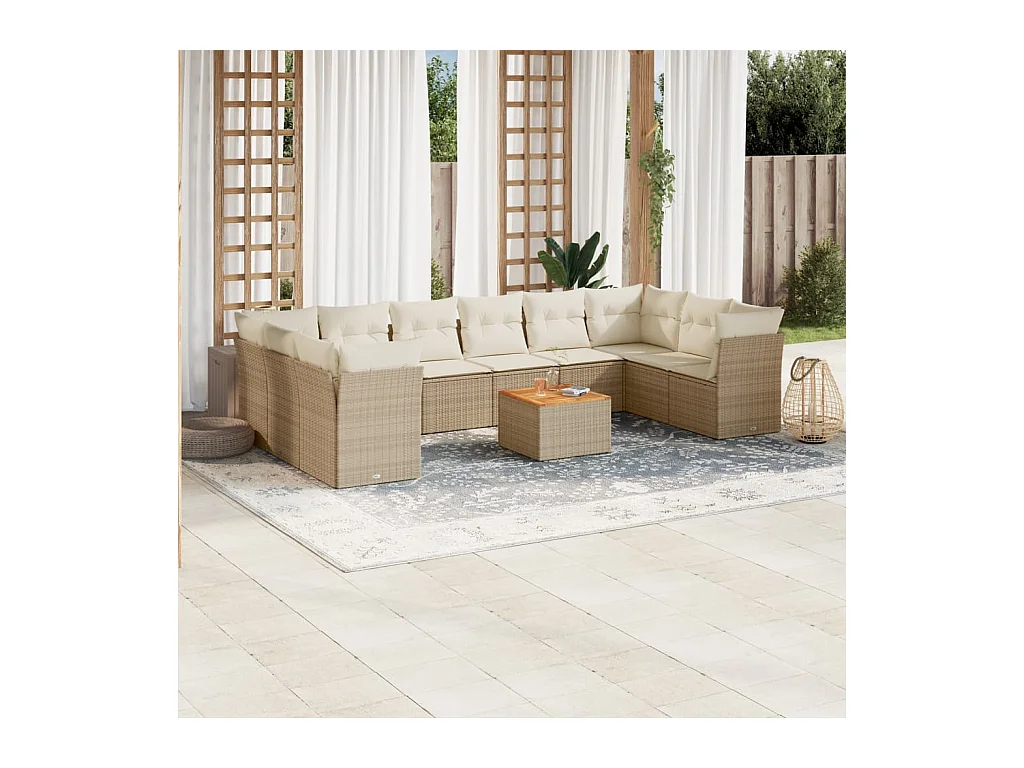 11-delige Tuinset met kussens poly rattan beige