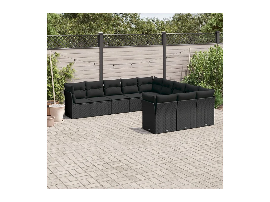 Salon de jardin 11 pcs avec coussins noir résine tressée