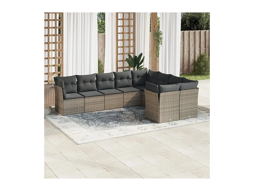 Salon de jardin 9 pcs avec coussins gris résine tressée