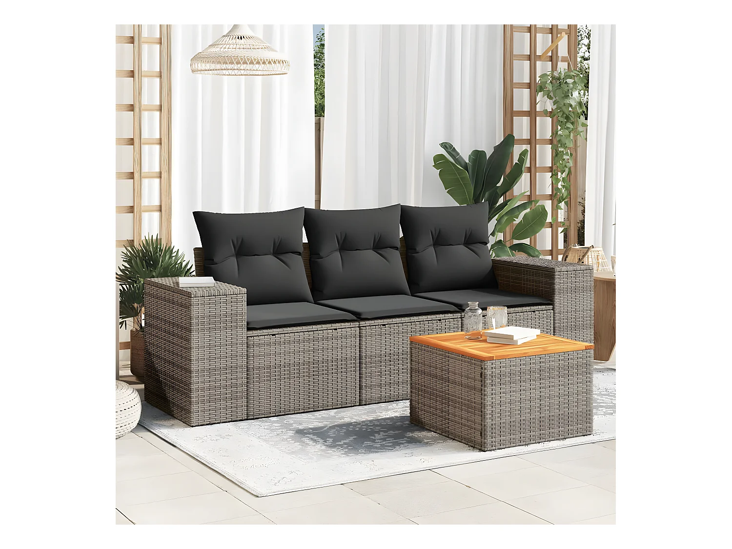 Salon de jardin 4 pcs avec coussins gris résine tressée