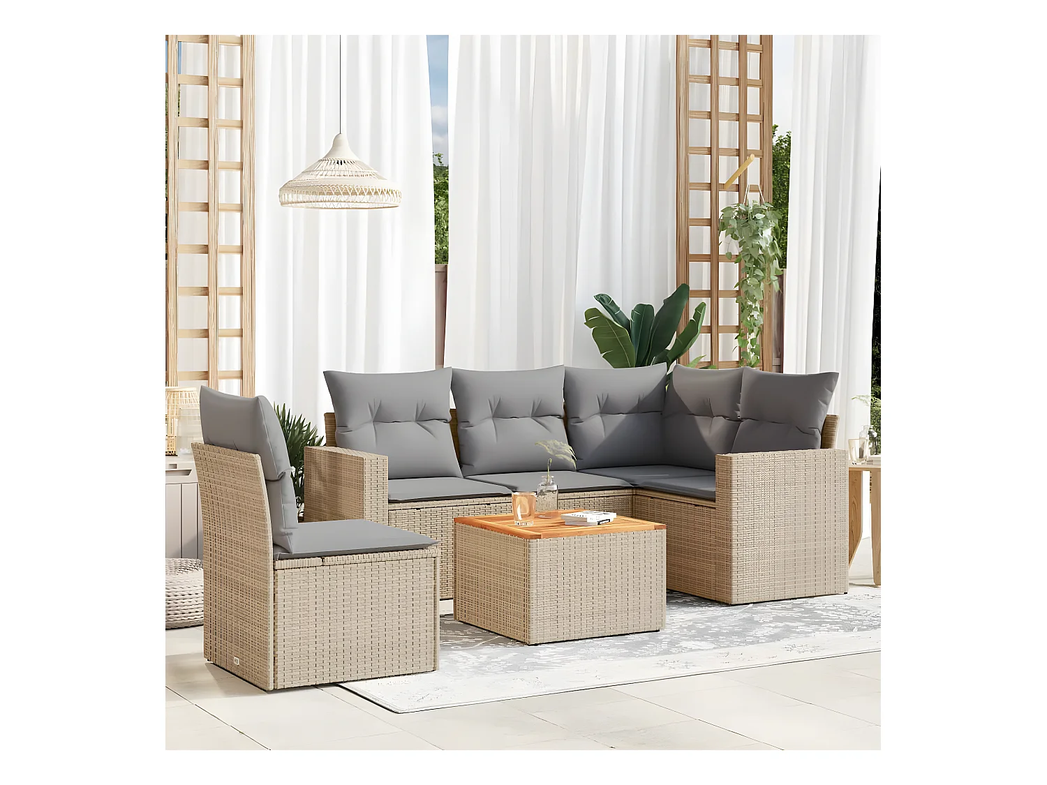 Salon de jardin avec coussins 6 pcs beige résine tressée