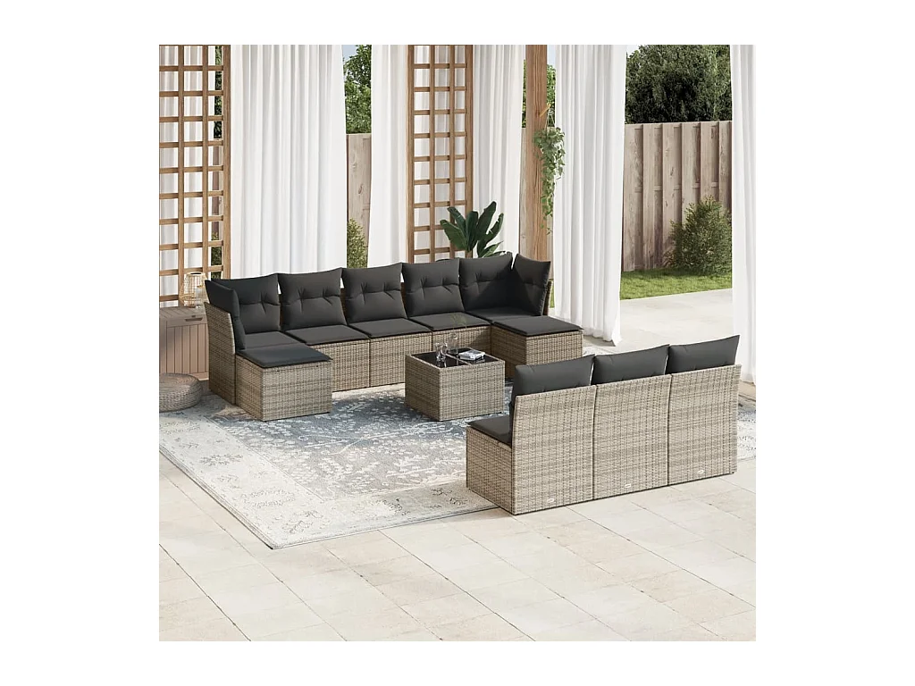 Salon de jardin 11 pcs avec coussins gris résine tressée