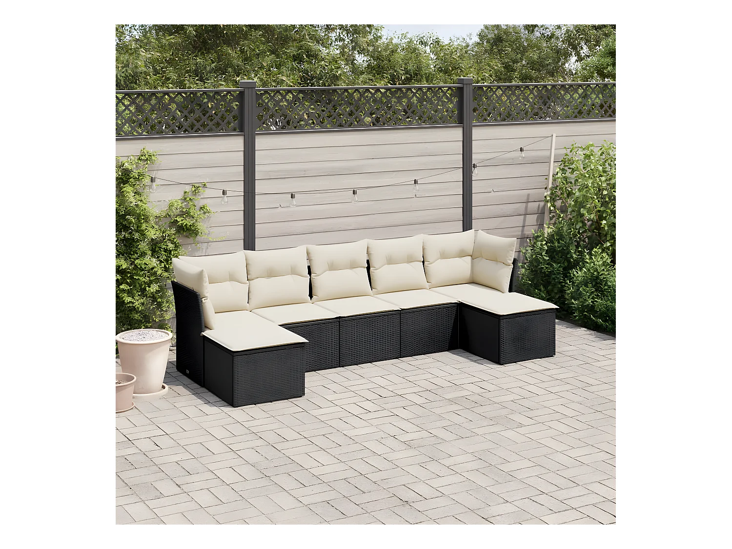 Salon de jardin 7 pcs avec coussins noir résine tressée