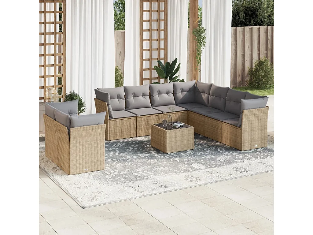 Set Divano da Giardino 10 pz con Cuscini Beige in Polyrattan