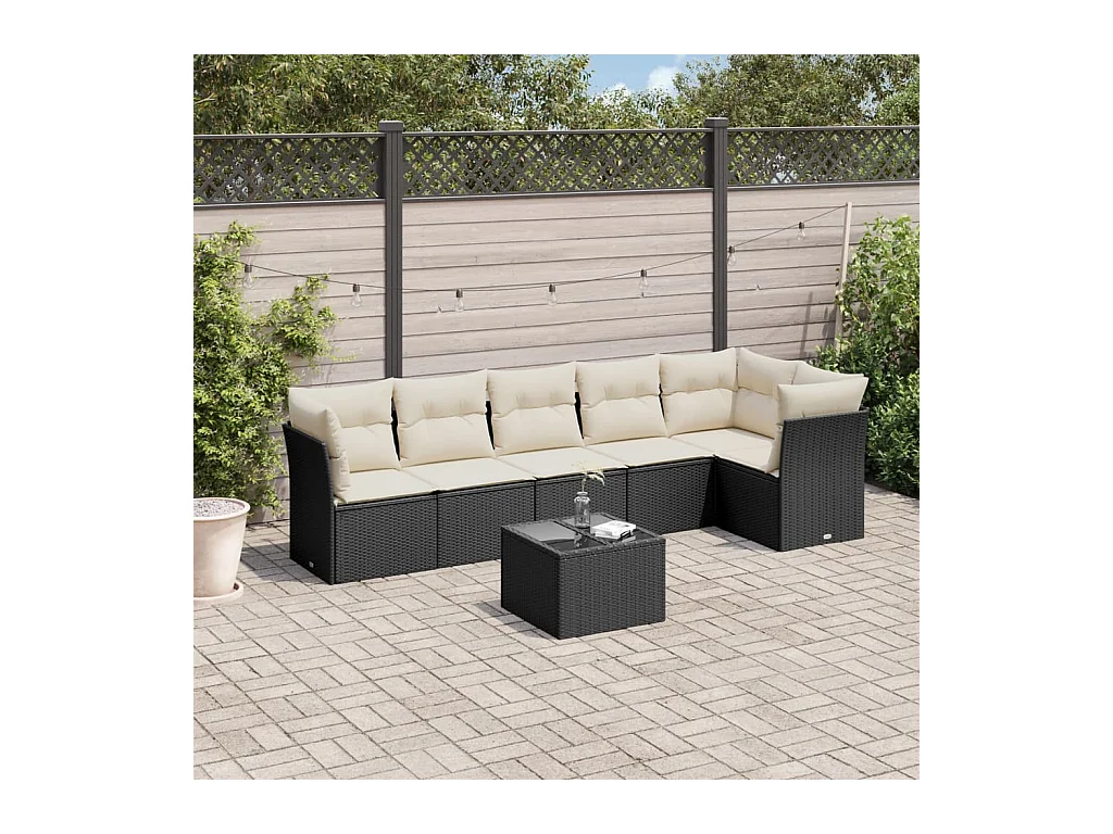 Salon de jardin 7 pcs avec coussins noir résine tressée