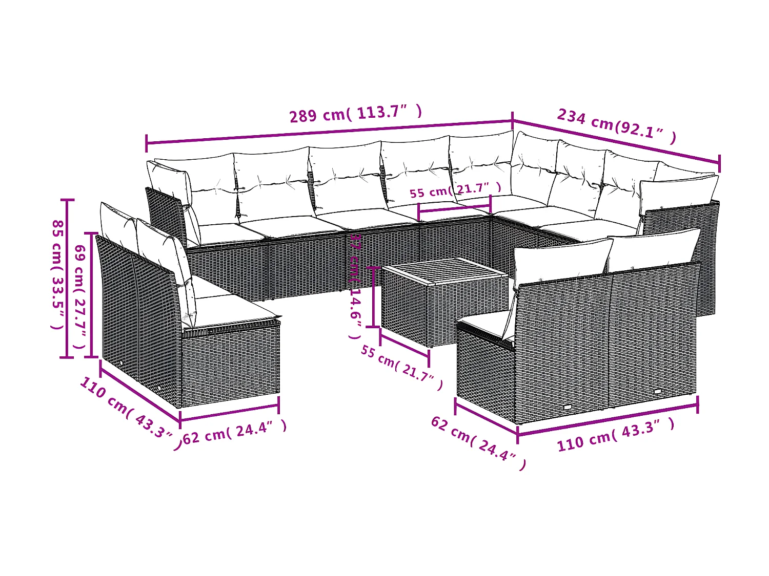 13-delige Loungeset met kussens poly rattan zwart