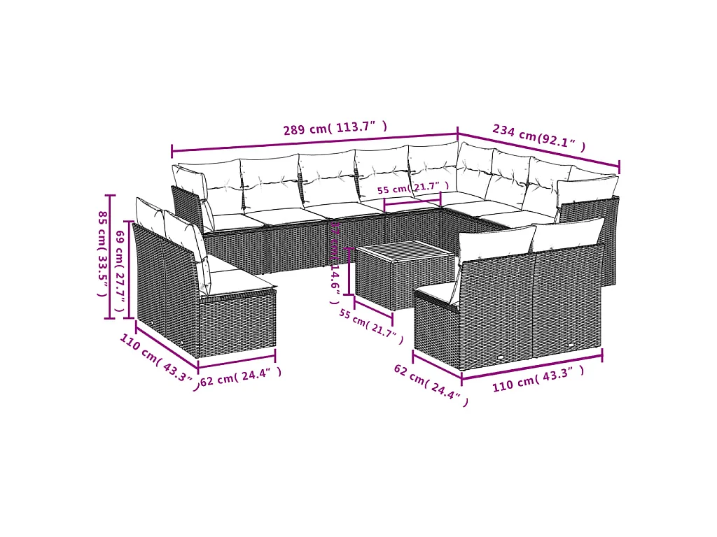 13-tlg. Garten-Sofagarnitur mit Kissen Schwarz Poly Rattan