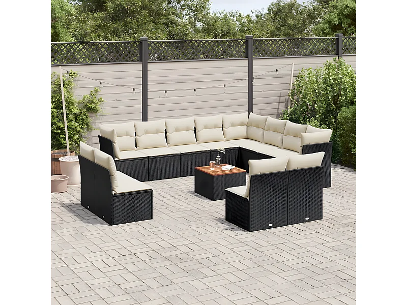 Salon de jardin avec coussins 13 pcs noir résine tressée