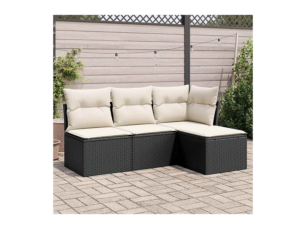 Salon de jardin 4 pcs avec coussins noir résine tressée