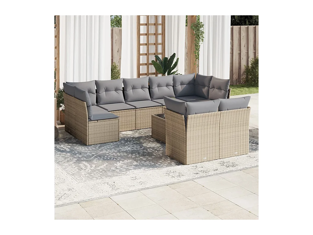 10-tlg. Garten-Sofagarnitur mit Kissen Beige Poly Rattan
