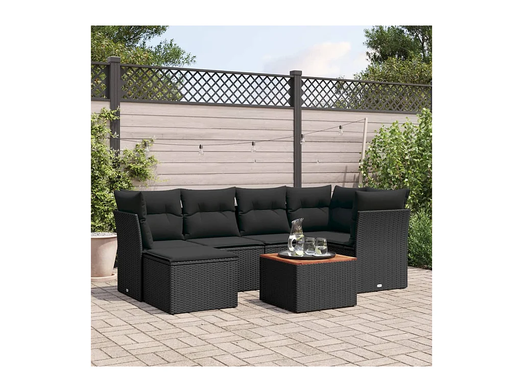 Salon de jardin 7 pcs avec coussins noir résine tressée