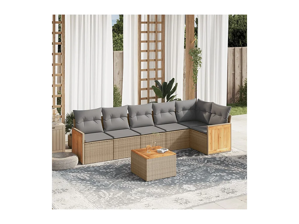 Salon de jardin avec coussins 7 pcs beige résine tressée