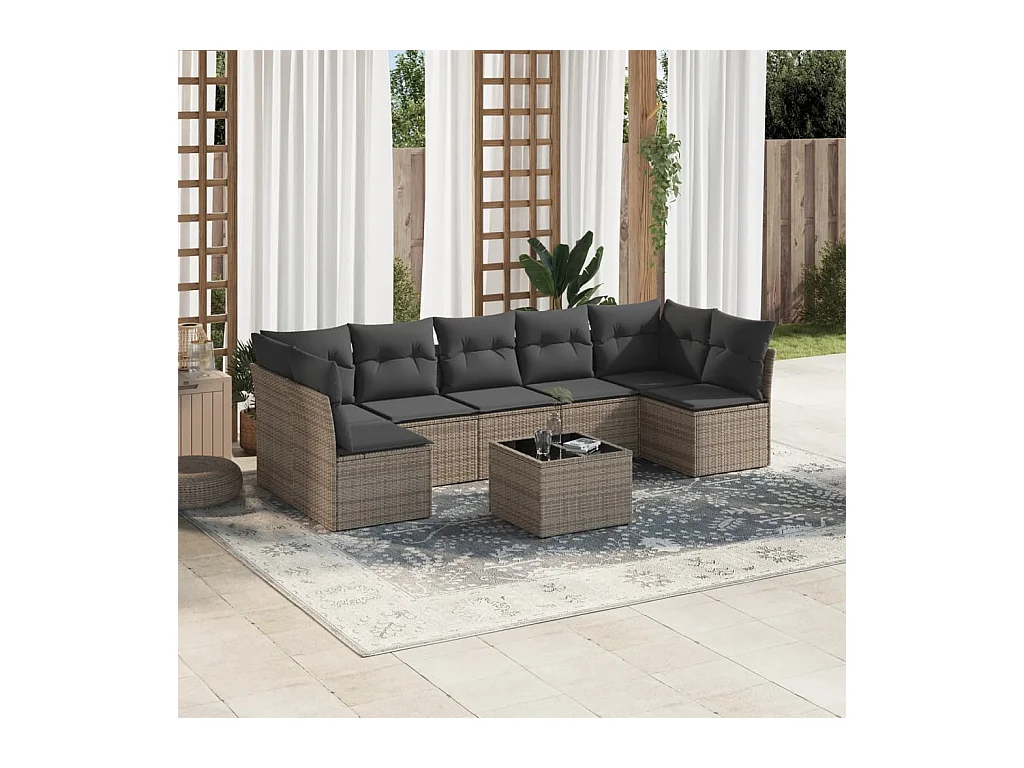 8-delige Loungeset met kussens poly rattan grijs