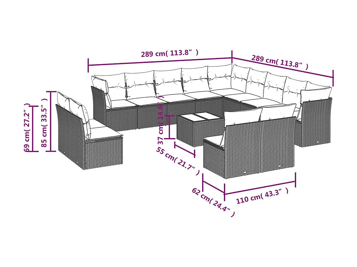 Set Divani da Giardino 14pz con Cuscini in Polyrattan Beige
