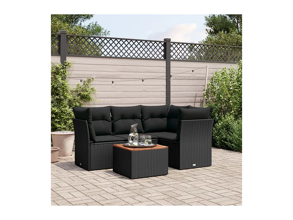 Salon de jardin 5 pcs avec coussins noir résine tressée