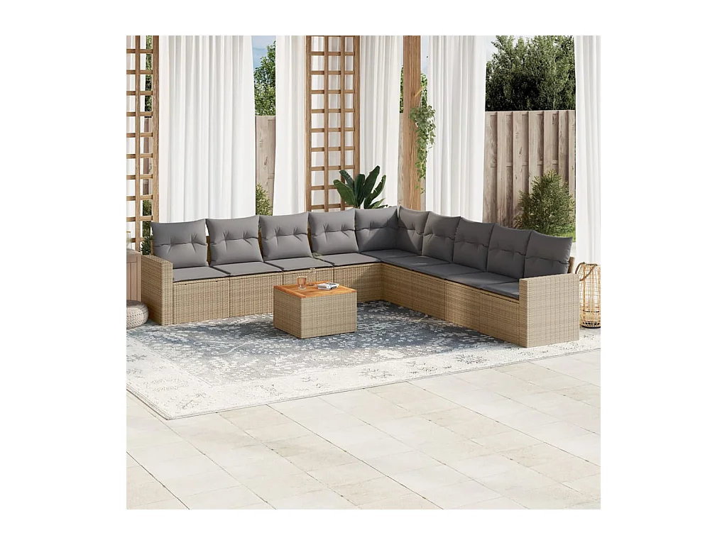 Salon de jardin avec coussins 10 pcs beige résine tressée
