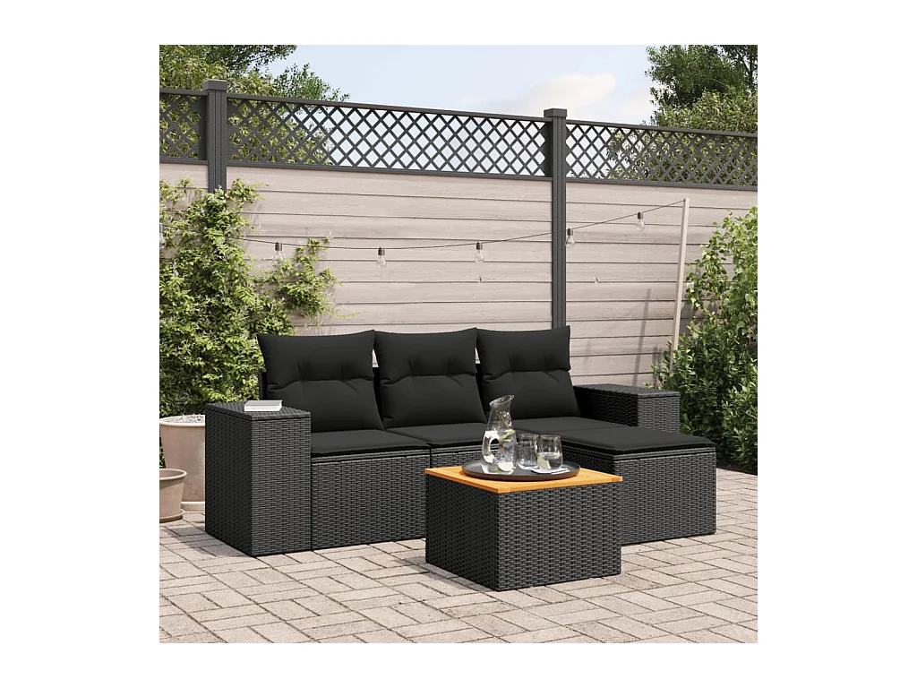 Salon de jardin 5 pcs avec coussins noir résine tressée