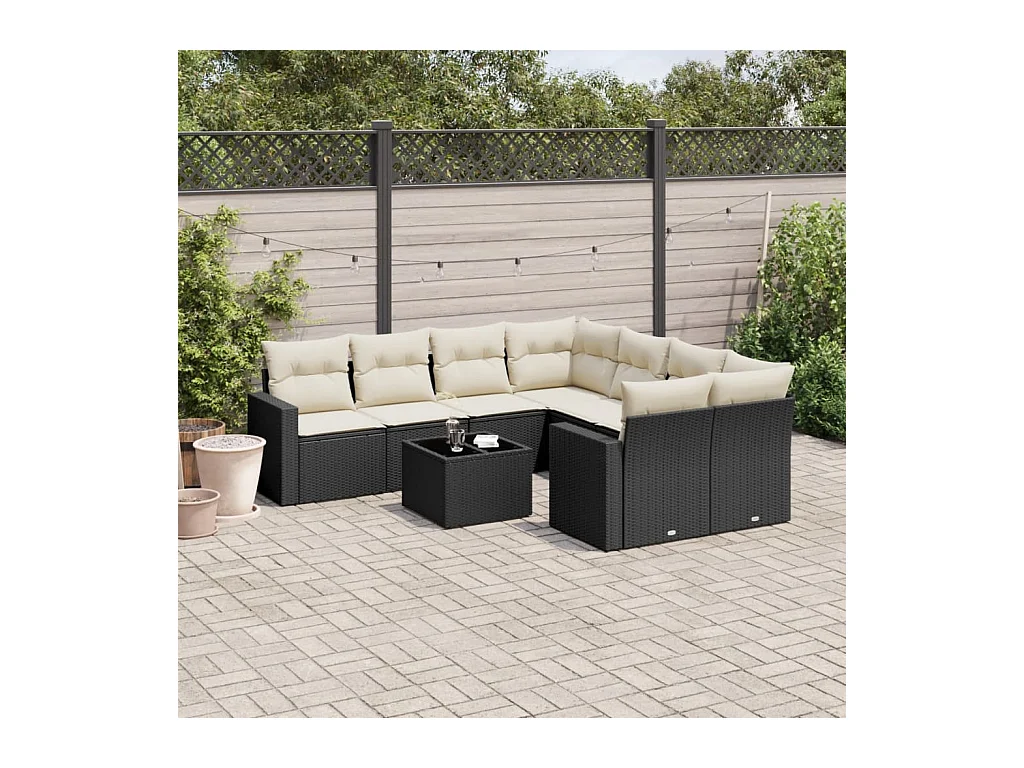 Salon de jardin 9 pcs avec coussins noir résine tressée