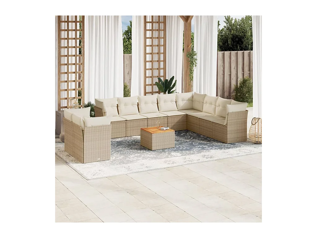 Salon de jardin 11 pcs avec coussins beige résine tressée