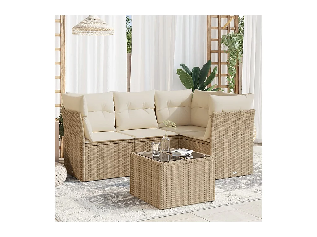 Set Divano da Giardino 5 pz con Cuscini Beige in Polyrattan