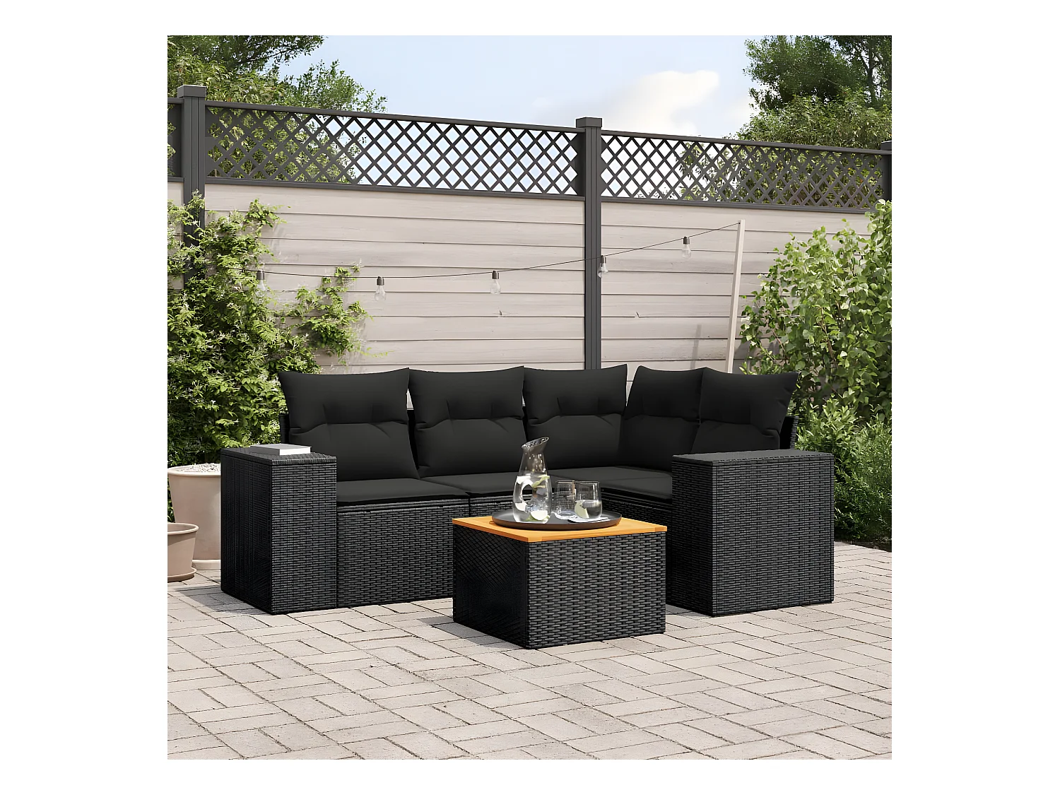Set Divani da Giardino 5 pz con Cuscini in Polyrattan Nero