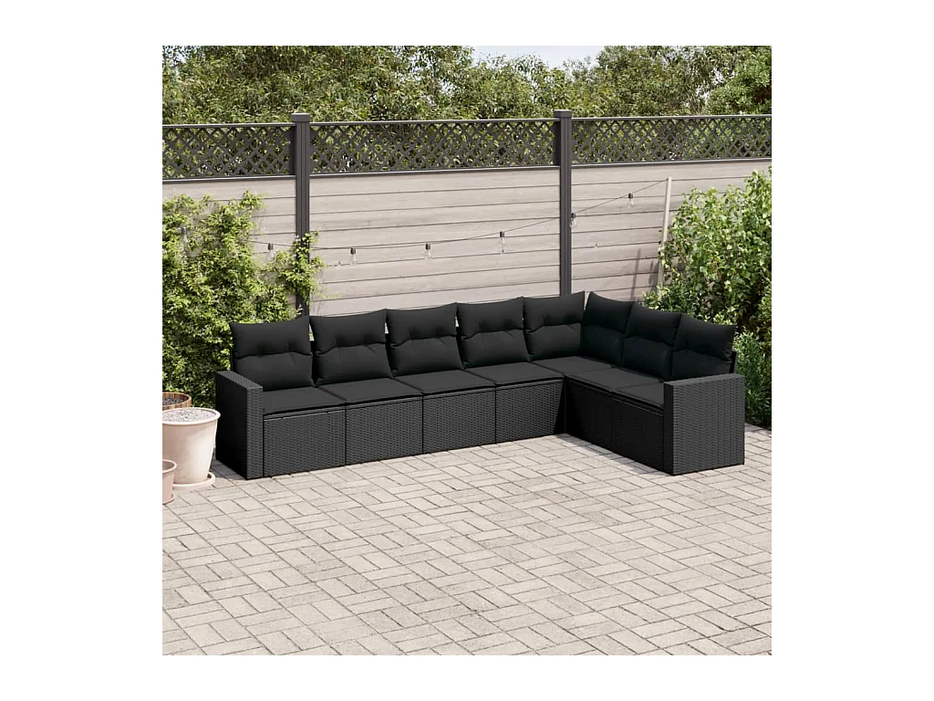 Salon de jardin 7 pcs avec coussins noir résine tressée