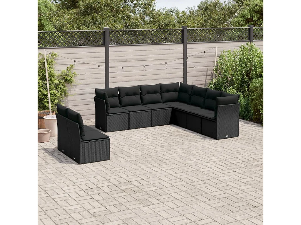 9-delige Loungeset met kussens poly rattan zwart