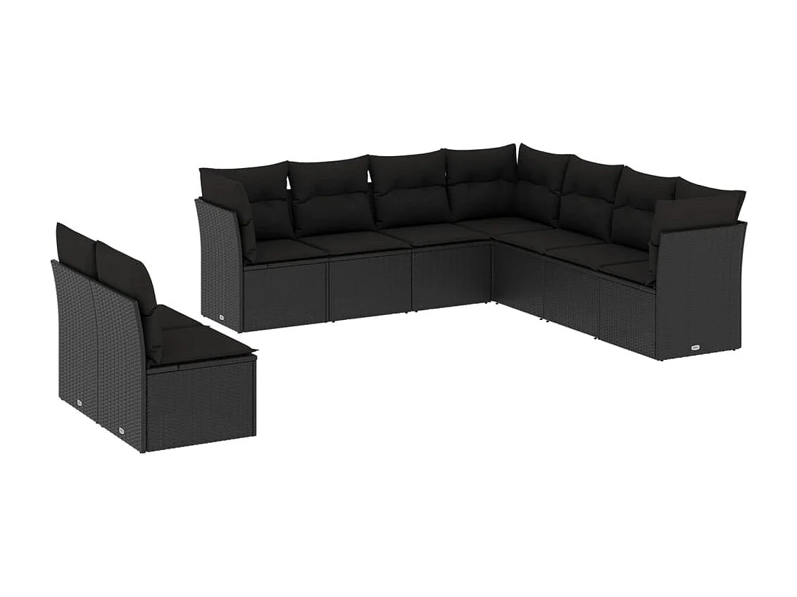 Salon de jardin 9 pcs avec coussins noir résine tressée
