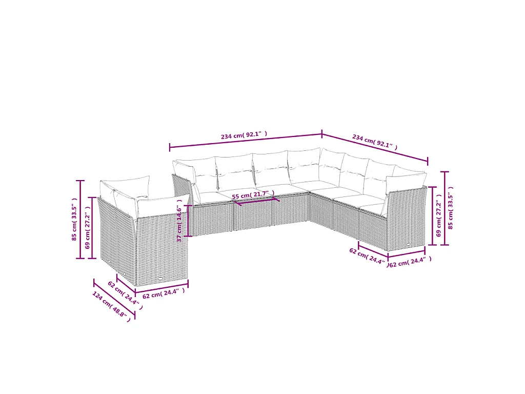 9-tlg. Garten-Sofagarnitur mit Kissen Schwarz Poly Rattan