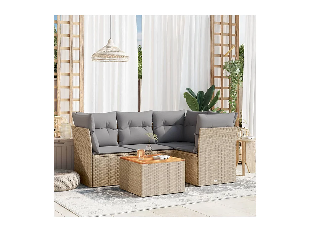 5-tlg. Garten-Sofagarnitur mit Kissen Beige Poly Rattan