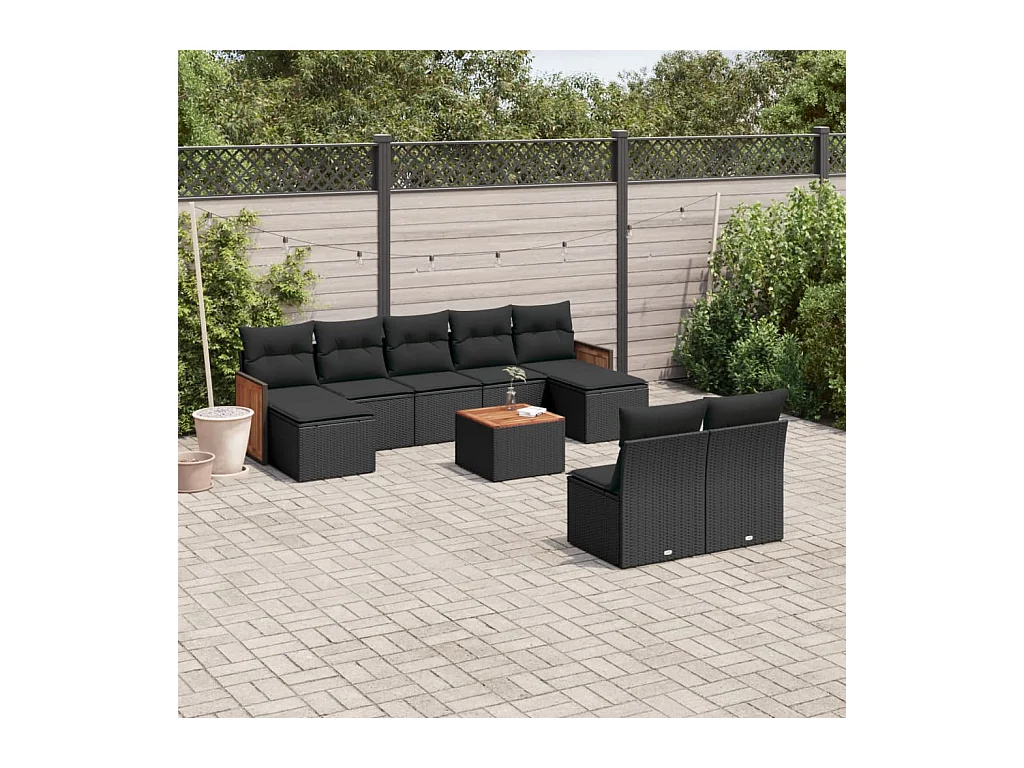 10-delige Loungeset met kussens poly rattan zwart