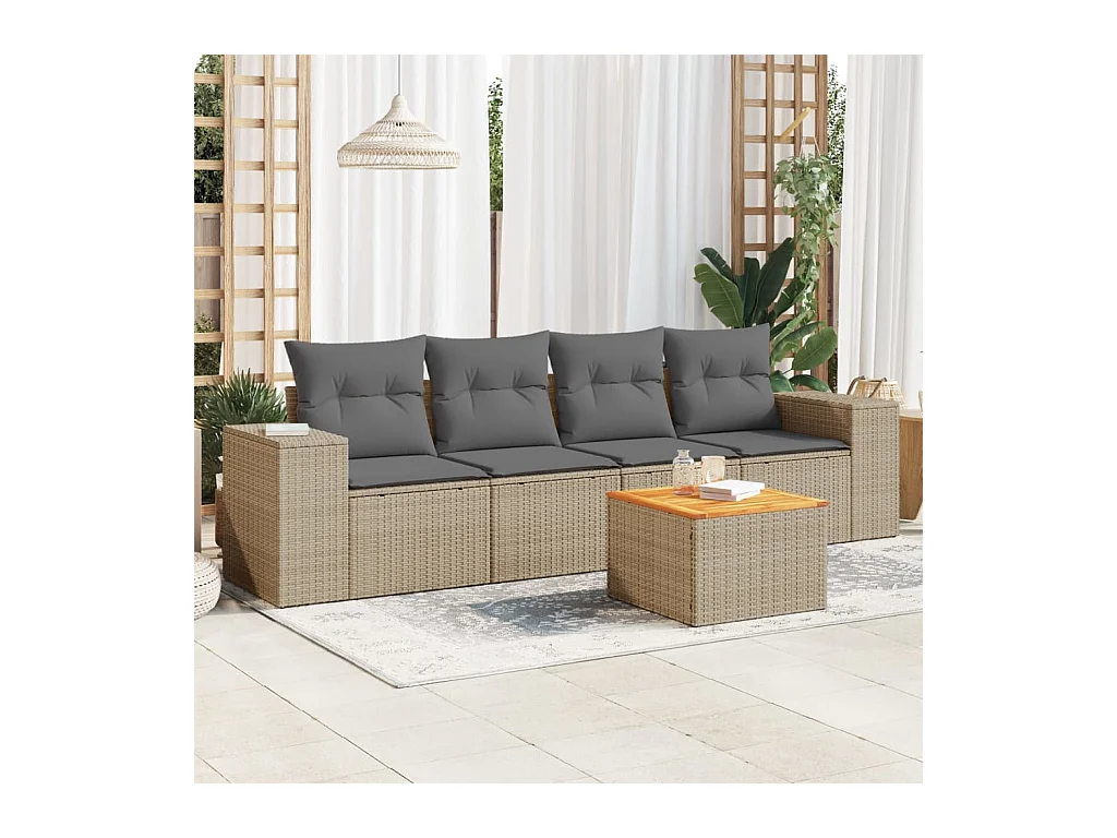 5-tlg. Garten-Sofagarnitur mit Kissen Beige Poly Rattan