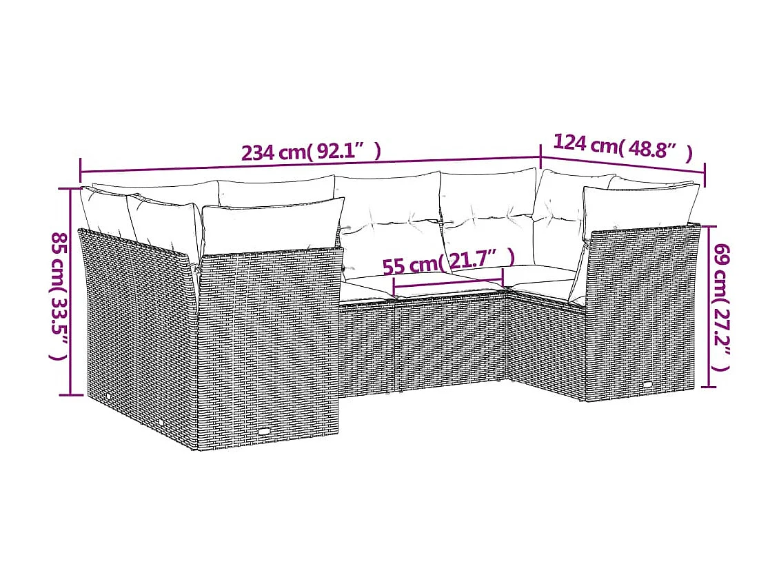 Salon de jardin 6 pcs avec coussins noir résine tressée