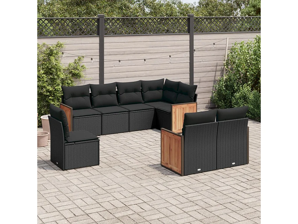 Set Divani da Giardino con Cuscini 8 pz Nero in Polyrattan